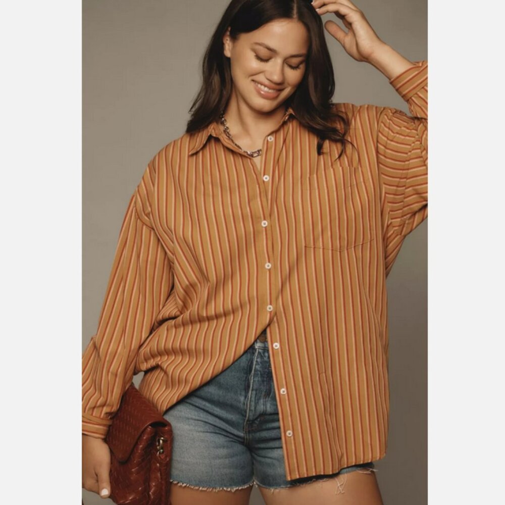 Anthropologie Maeve The Bennet Buttondown Shirt Brown Stripe 1X NWT Oversize